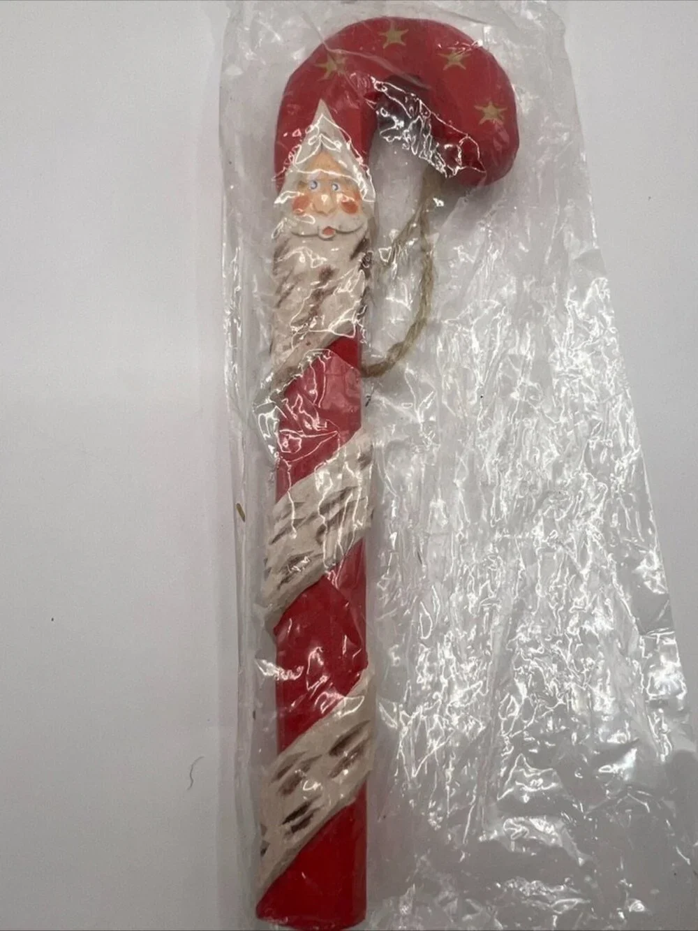 New Vtg Candy Cane Santa Face Ornament Wood Carved 7” Long In Pkg